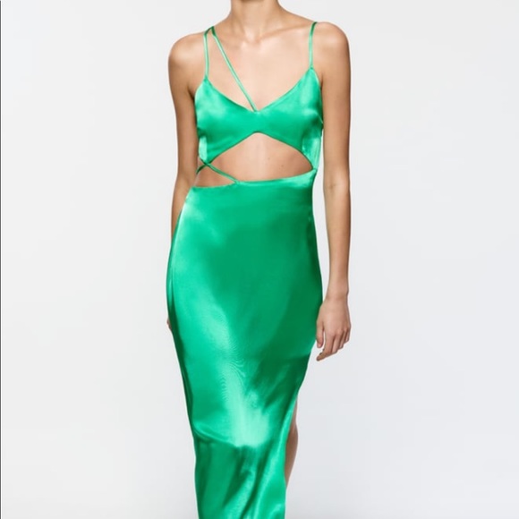 Zara Dresses & Skirts - Green Asymmetric Satin Effect Dress with cutouts